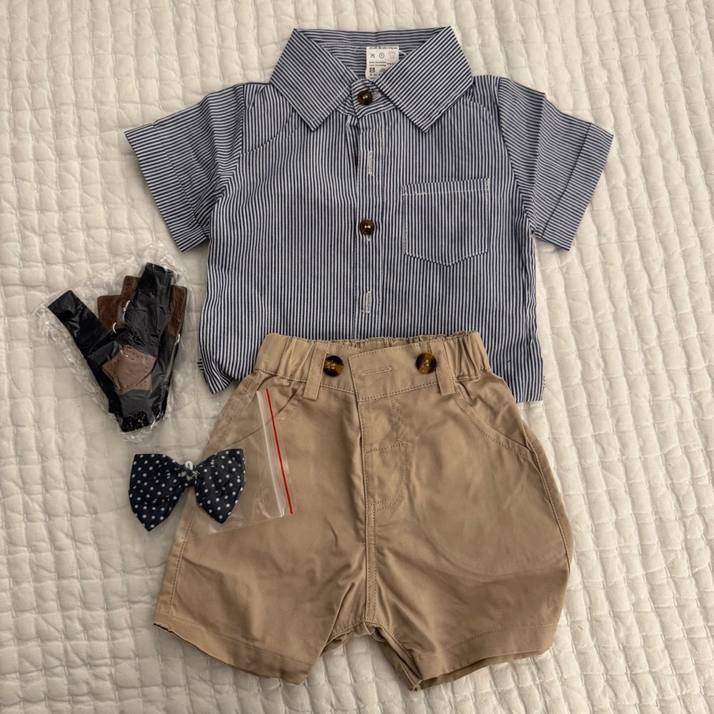 Striped Blue Shirt and Tan Shorts Set with Bow Tie